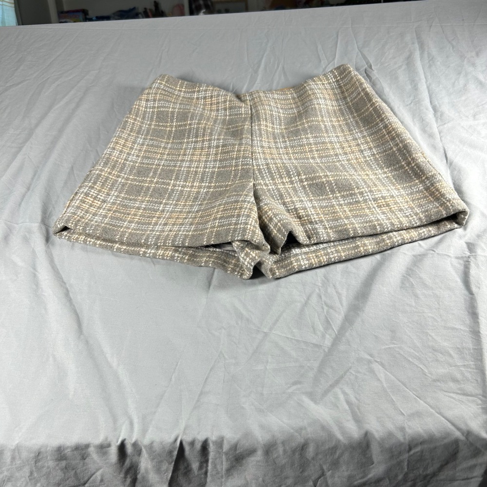 New Skies Are Blue Plaid Tweed Shorts Womens Small Grey Tan High Waist Lined